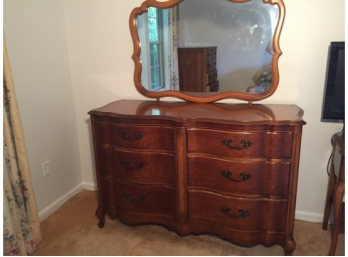 Serpentine Front Hardwood Chest Of Six Drawers With Attached Mirror