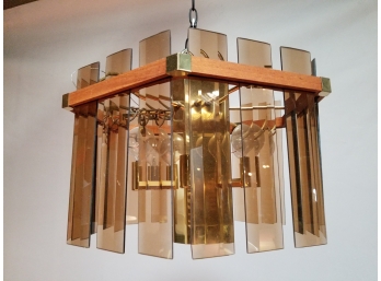 Mid Century  Amber Glass And Wood Hanging Light Fixture