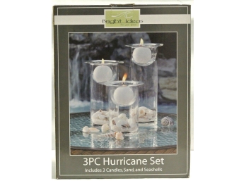 New Bright Ideas Shore Living 3 Piece Hurricane Set W/ Candles, Sand & Seashells