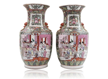 Pair Of Large Chinese Famille Rose Canton Porcelain Vases With Qing Dynasty Emperor Tongzhi Mark