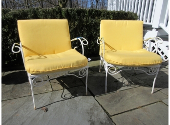 Pair Vintage White Painted Metal Outdoor Arm Chairs