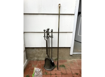 Pewter Fireplace Tools And A Brass Poker
