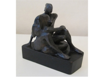 Bronze Depicting Two Seated People On A Wooden Plinth - Numbered 8/9