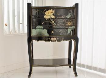 Black Lacquer Hand Painted Floral Three Drawer Chest