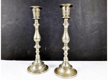 2 Silver Finish Etched Candle Holders - Made In India
