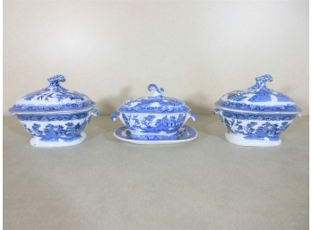 Pair Spode C1820 Covered Tureens + Blue Willow Tureen With Stand C1830