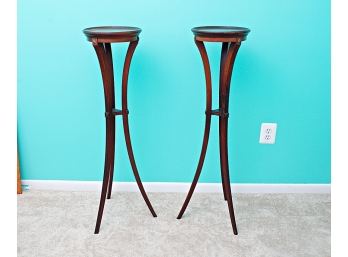 Pair Pretty Mahogany Fern Stands On Tripod Square Tapering Out-swept Legs