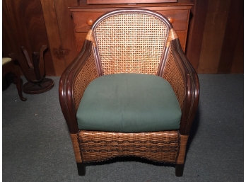 Woven Cane Arm Chair With Green Seat Cushion