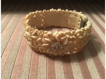 Vintage Intricately Carved Off White Bracelet With Rhinestones