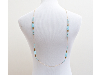 Long Single Strand Necklace With Blue/Green Glass Stones, Stamped Germany