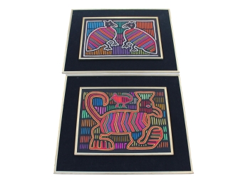 Pair Of Framed Vintage Pan American Textile Hand Embroidered Mola Art