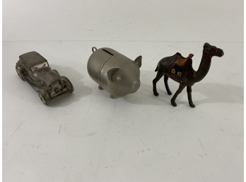 Group Of Vintage Piggy Banks With Rare Antique Iron Camel Still Bank
