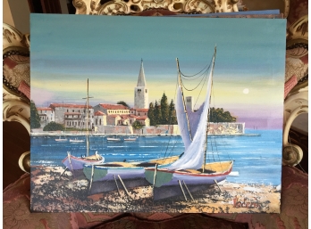 Oil On Canvas Unframed Signed Vecerin: Three Sailboats With Church Spire