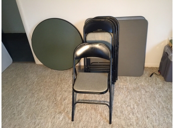 Three Folding Tables And Four Samsonite Folding Chairs