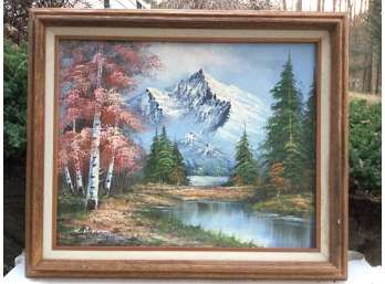 A Mountain Landscape Oil Painting On Canvas By K. Bowman