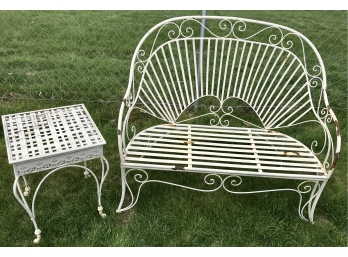 Beautifully Scrolled Outdoor Metal Loveseat And Side Table