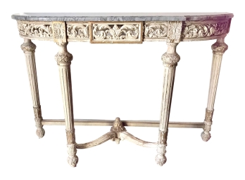 Antique French Louis XV Ornate Carvings Wooden Demilune Table Shabby Chic