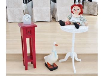 Wicker And Wood Tables, Raggedy Ann And A Hand Painted Duck