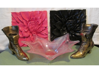 Murano Bowl, Wall Art And Cast Metal Victorian Style Boots