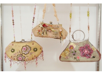 Three Mary Frances Evening Bags With Beaded Decoration And Dust Covers.
