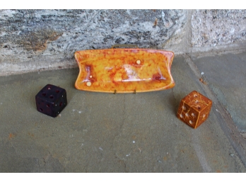 Nice Glazed Ceramic Oblong Dish & Two Dice Designed And Executed By Elsie Ralph
