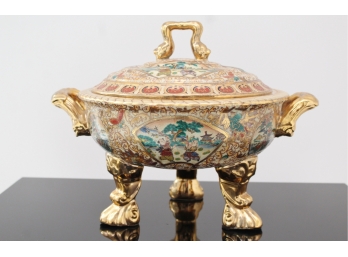 Japanese Hand Painted Gold Gilt Moriage Covered Bowl With Lions Feet