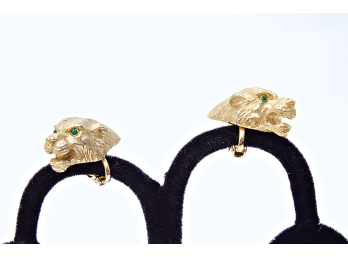 Pair Brushed Gold Tone Metal Lion Head Clip Earrings With Green Eyes