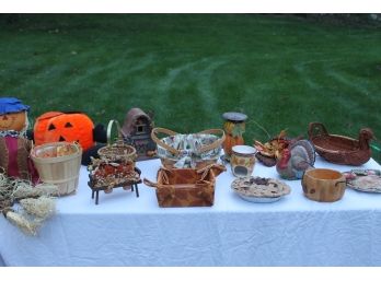 Lot  Of Collectible Autumn Decor Including Baskets, Plates & Halloween