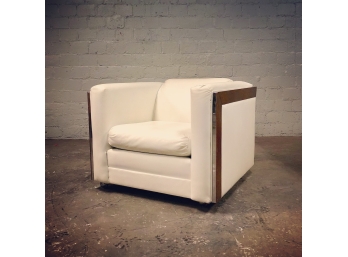 Mid Century Modern Rolling White Vinyl Club Chair In The Style Of Milo Baughman