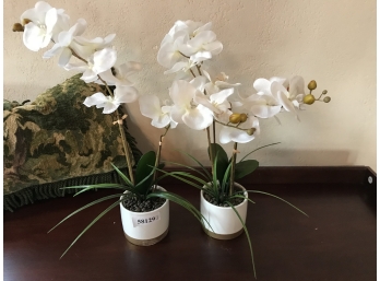 Two Beautiful Faux White Orchids In Small Ceramic Vessels