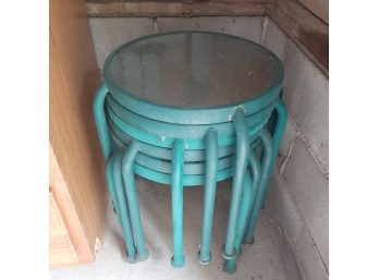 SIX ROUND PATIO STACKING TABLES - Blue - Glass Tops