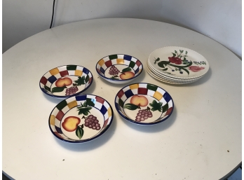 Five Vintage Blue Ridge Plates & Four Colorful Soup Bowls