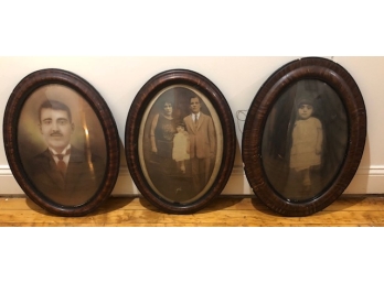 LARGE Set Of 3 Antique Family Ephemera Portraits In Original Bubble Glass Mahogany Frames