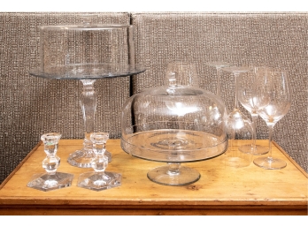 Wonderful Group Of Glass Serving Pieces Including A Tall Pedestal Cake Stand