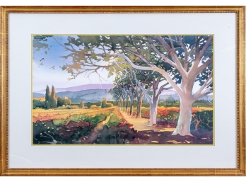 Custom Framed Signed Watercolor Of Agricultural Landscape
