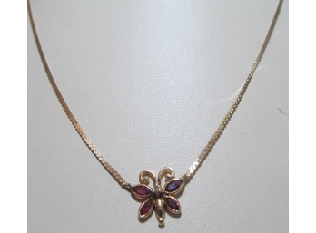 14K Gold Ruby And Diamond Butterfly Necklace - 2.8 Grams - 15 Inch