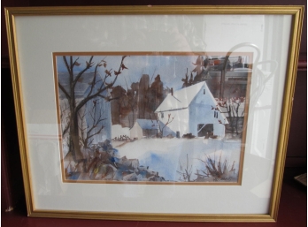 M. Pat Glaves White Barn Winter Watercolor 21' X 17'