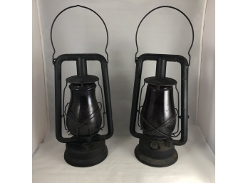 Pair Of Antique Dietz Monarch Railroad Or Farm Lanterns With Red Glass Globes