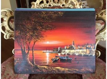 Oil On Canvas Unframed Signed Vecerin: Three Boats Moored Under Red Sky