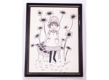 Sketch Of A Girl With Sunflowers