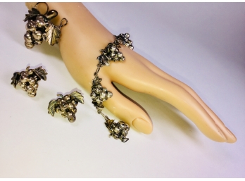 Grape Design “EML” Parure 925 Sterling Earrings, Brooch And Bracelet