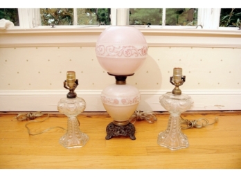 Pair Lincoln Drape Pattern Oil Lamps, Electrified And Unusal Pink Victorian Oil Lamp