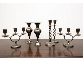 Two Pair Candle Holders And  Pair Of Matching Vases