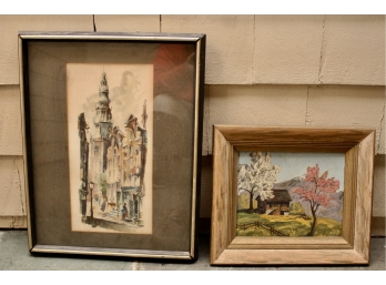 Two Antique Pictures - A Watercolor And A Oil On Board