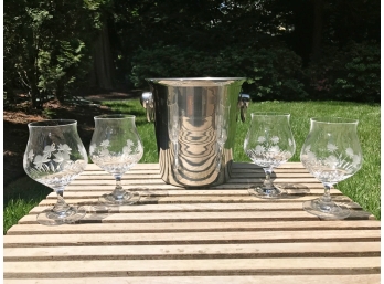 Royal Galleries Chrome Ice Bucket And Four Etched Glasses