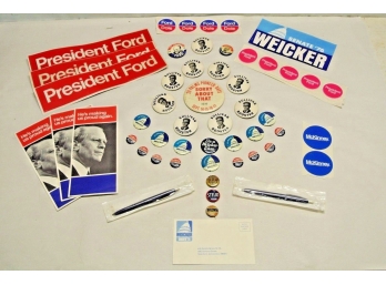 Vtg Lot Political Buttons Pens Bumper Stickers Volunteer Card Flyers Weicker Ford McKinney