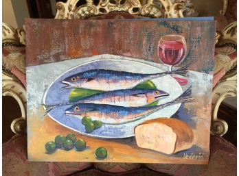 Oil On Canvas Unframed Signed Vecerin: Fish Bread And Olives