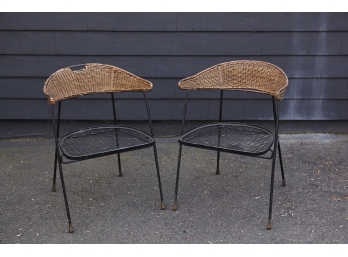 Pair Of Arthur Umanoff Black Iron And Wicker Arm Chairs