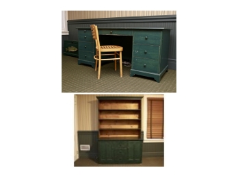 Set Of 2 Distressed Hunter Green & Knotty Pine Hutch And Hunter Green Desk With Chair