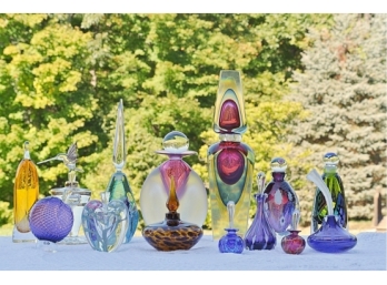 Fourteen Colorful  And Unique Glass Perfume Bottles, Each With Stoppers